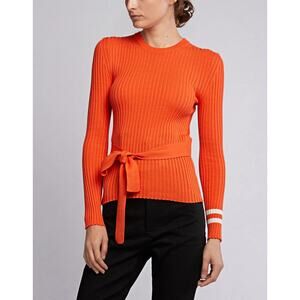 Maggie Marilyn Nearly There Belted Merino Wool Ribbed Sweater Orange Large Chic